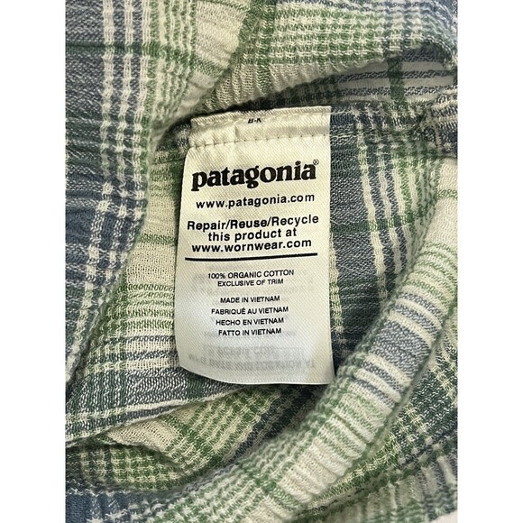 PATAGONIA A/C Green Blue White Plaid Seersucker Button Shirt Outdoor Men's Large - Picture 4 of 5